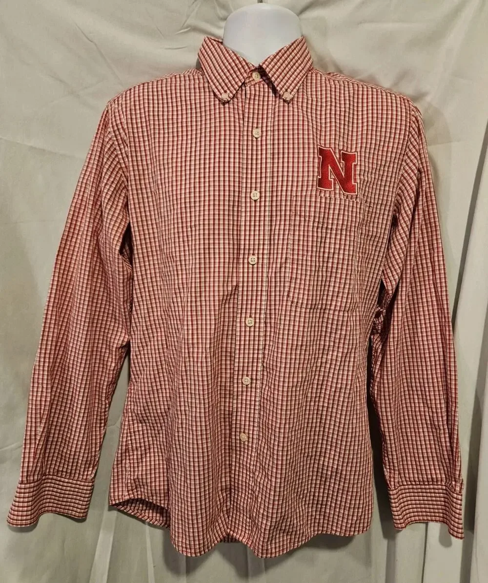 Nebraska Cornhuskers Long Sleeve Button Plaid Shirt Mens Sz Medium